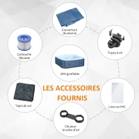 Outsunny Spa Gonflable carré 4 Personnes dim. 1,85L x 1,85l x 0,65H m - 910 litres 100 Jets de Massage - Fonctions Chauffage Filtration - Liner PVC Blanc Bleu(m-8)