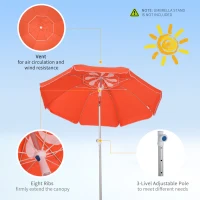 Outsunny 2m Arced Beach Umbrella, Portable Parasol with Tilt and Adjustable Height, Carry Bag, Outdoor Sunshade Shelter with 8 Fibreglass Ribs, Orange(m-5)
