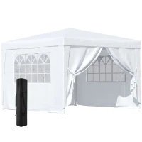 Outsunny 3 x 3 m Garden Pop Up Gazebo, Wedding Party Tent Marquee, Water Resistant Awning Canopy with Sidewalls, Windows, Carry Bag, White(m-1)