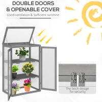 Outsunny 3-tier Cold Frame with Openable Top Cover and Double Doors, Garden Wooden Greenhouse with Storage Shelf, Polycarbonate Grow House for Plants, Flowers, Dark Grey(m-5)