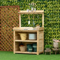Outsunny Garden Potting Bench Table, Wooden Workstation Bench w/ Galvanized Metal Tabletop, Storage Shelves and Hooks, Natural(m-11)