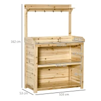 Outsunny Garden Potting Bench Table, Wooden Workstation Bench w/ Galvanized Metal Tabletop, Storage Shelves and Hooks, Natural(m-3)