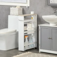 kleankin Carrello Bagno Salvaspazio a 3 Ripiani con Rotelle e Maniglia in Legno, 48x15x80cm, Bianco(m-10)