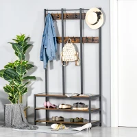 HOMCOM Coat Rack Stand, Free Standing Hall Tree, Coat Stand with Hooks, Bench and Shoe Rack, 100cm x 40cm x 184cm, Industrial Style, Rustic Brown and Black(m-9)
