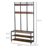 HOMCOM Coat Rack Stand, Free Standing Hall Tree, Coat Stand with Hooks, Bench and Shoe Rack, 100cm x 40cm x 184cm, Industrial Style, Rustic Brown and Black(m-3)