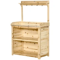 Outsunny Garden Potting Bench Table, Wooden Workstation Bench w/ Galvanized Metal Tabletop, Storage Shelves and Hooks, Natural(m-12)