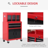 HOMCOM Tool Chest, Metal Tool Cabinet on Wheels with 6 Drawers, Pegboard, Top Chest and Roller Cabinet Combo, 61.6 x 33 x 108cm, Red(m-7)