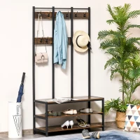 HOMCOM Coat Rack Stand, Free Standing Hall Tree, Coat Stand with Hooks, Bench and Shoe Rack, 100cm x 40cm x 184cm, Industrial Style, Rustic Brown and Black(m-2)