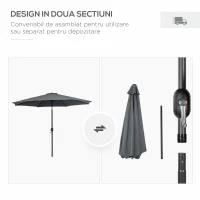 Outsunny Umbrelă Rotundă de 300x250cm cu Manivelă și Funcție de Înclinare, Umbrelă de Grădină, Terasă, Exterior, Metal și Poliester Gri Închis(m-6)
