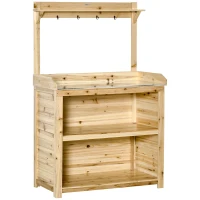 Outsunny Garden Potting Bench Table, Wooden Workstation Bench w/ Galvanized Metal Tabletop, Storage Shelves and Hooks, Natural(m-1)