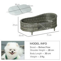 PawHut Wicker Dog Sofa with Soft Water-resistant Cushion, Rattan Cat Bed Raised Pet Bed Hand Woven with Washable Cover Indoor Outdoor Use, for Medium and Small Sized Dogs(m-3)