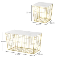 HOMCOM Nest of Tables, End Tables Set of 2 with Faux Marble Top and Wire Metal Frame, Nesting Coffee Tables for Living Room, White and Gold(m-3)