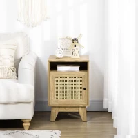 HOMCOM Bedside Table with Rattan Element, Side End Table with Shelf and Cupboard, 39cmx35cmx60cm, Natural(m-7)