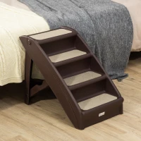 PawHut Foldable Four-Step Pet Stairs, for Cats, Small Miniature Dogs, with Non-Slip Mats 62 x 38 x 49.5cm - Dark Brown(m-12)