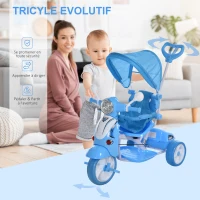 HOMCOM Tricycle Enfants évolutif Canne, Pare-Soleil Pliable Amovible Effets Lumineux sonores métal Blanc PP Polyester Bleu(m-4)