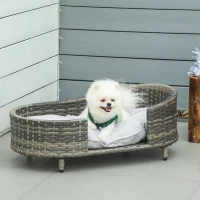 PawHut Wicker Dog Sofa with Soft Water-resistant Cushion, Rattan Cat Bed Raised Pet Bed Hand Woven with Washable Cover Indoor Outdoor Use, for Medium and Small Sized Dogs(m-2)
