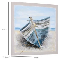 HOMCOM Hand-Painted Canvas Wall Art Blue Boat in the Beach, Wall Pictures for Living Room Bedroom Decor, 90 x 90 cm(m-3)