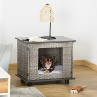 PawHut Wicker Dog House End Table Furniture, Rattan Pet Cat  Bed with Soft Cushion, Adjustable Feet, for X-Small Dogs 60 x 44 x 51.5 cm(m-11)