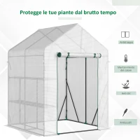 Outsunny Serra da Giardino per Esterni in Acciaio e PE con 2 Scaffali e Porta Avvolgibile, 143x143x195 cm, Bianco(m-6)