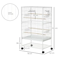 PawHut Gaiola para Pássaros com Rodas Bandeja Amovível 4 Portas Comedouros e Prateleira de Armazenamento 78x52x132cm Branco(m-3)