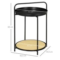 HOMCOM Round End Table, 2-Tier Side Table with Removable Tray, Rattan Top and Metal Frame, Bedside Table for Living Room, Bedroom, Black(m-3)