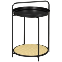 HOMCOM Round End Table, 2-Tier Side Table with Removable Tray, Rattan Top and Metal Frame, Bedside Table for Living Room, Bedroom, Black