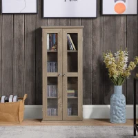 HOMCOM 100CD Media Cabinet with Glass Doors, 4-Tier CD Storage Unit, Modern Bookcase with Magnetic Design for Study, Brown(m-12)