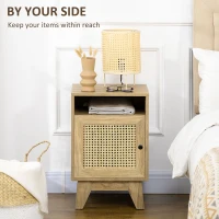 HOMCOM Bedside Table with Rattan Element, Side End Table with Shelf and Cupboard, 39cmx35cmx60cm, Natural(m-4)