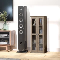 HOMCOM 100CD Media Cabinet with Glass Doors, 4-Tier CD Storage Unit, Modern Bookcase with Magnetic Design for Study, Brown(m-11)