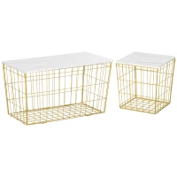 HOMCOM Nest of Tables, End Tables Set of 2 with Faux Marble Top and Wire Metal Frame, Nesting Coffee Tables for Living Room, White and Gold(m-1)