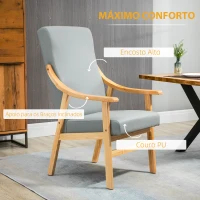 HOMCOM Poltrona de Estilo Nórdico com Encosto Alto Estofada em PU com Apoio para os Braços e Estrutura de Madeira 62x75x115cm Cinza e Madeira(m-5)