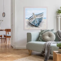 HOMCOM Hand-Painted Canvas Wall Art Blue Boat in the Beach, Wall Pictures for Living Room Bedroom Decor, 90 x 90 cm(m-13)