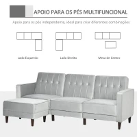 HOMCOM Sofá Cama com Chaise Longue 3 Lugares Tato Aveludado com Encosto Ajustável e Apoio para os Pés 218x85x86cm Cinza(m-5)