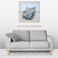 HOMCOM Hand-Painted Canvas Wall Art Blue Boat in the Beach, Wall Pictures for Living Room Bedroom Decor, 90 x 90 cm(m-6)