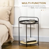 HOMCOM Round End Table, 2-Tier Side Table with Removable Tray, Rattan Top and Metal Frame, Bedside Table for Living Room, Bedroom, Black(m-4)