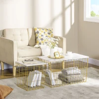 HOMCOM Nest of Tables, End Tables Set of 2 with Faux Marble Top and Wire Metal Frame, Nesting Coffee Tables for Living Room, White and Gold(m-12)
