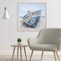 HOMCOM Hand-Painted Canvas Wall Art Blue Boat in the Beach, Wall Pictures for Living Room Bedroom Decor, 90 x 90 cm(m-12)
