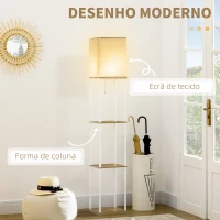 HOMCOM Candeeiro de Pé Moderno com Prateleiras com Ecrã de Tecido e Interruptor de Pé 26x26x159cm Branco e Madeira(m-4)