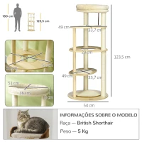 PawHut Árvore Arranhador para Gatos de Madeira com Múltiplas Plataformas Cama e Almofada Ø54x123,5 cm Carvalho(m-3)