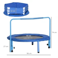 ZONEKIZ Trampolim Infantil 3 em 1 para Crianças de 1-6 Anos com Corrimão Amovível Mini Trampolim para Interior Ø96x74cm Azul(m-3)