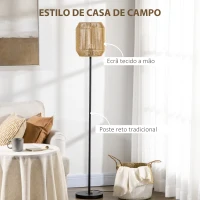 HOMCOM Candeeiro de Pé com Ecrã de Corda de Papel e Interruptor de Pé Lâmpada E27 Máx. 40W  Ø26x158cm Natural e Preto(m-5)