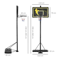 SPORTNOW Tabela de Basquetebol com Rodas Altura Ajustável Suporte Tabela de PE e Base Recarregável 110x45x290-360cm Preto e Amarelo(m-3)