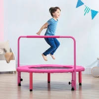 ZONEKIZ Trampolim Infantil 3 em 1 para Crianças de 1-6 Anos com Corrimão Amovível Mini Trampolim para Interior Ø96x74cm Rosa(m-2)