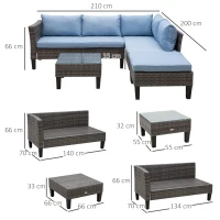 Outsunny Conjunto de Jardín de Ratán Sintético con Sofá Esquinero de 2 Módulos Reposapiés y Mesita de Cristal Gris y Azul(m-3)