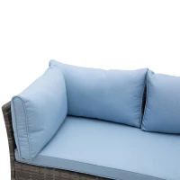 Outsunny Conjunto de Jardín de Ratán Sintético con Sofá Esquinero de 2 Módulos Reposapiés y Mesita de Cristal Gris y Azul(m-8)