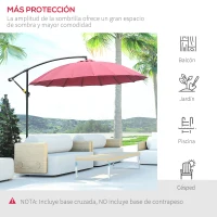 Outsunny Sombrilla Ø300 cm Parasol de Jardín con Manivela Manual 18 Costillas y Base Cruzada Rojo(m-6)