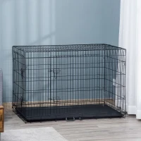 PawHut Gaiola para Cães com 2 Portas Gaiola para Animais de Estimação de Arame Dobrável com Alça de Transporte Aço 121x74,5x81cm Preto(m-9)