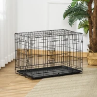 PawHut Gaiola para Cães com 2 Portas Gaiola para Animais de Estimação de Arame Dobrável com Alça de Transporte Aço 76x46x52cm Preto(m-10)