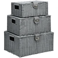 HOMCOM 3-Pack Storage Baskets made of PE Rattan, with Closure, Handles, 35.5 cm x 28.5 cm x 18 cm, Gray(m-1)