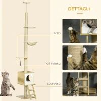 PawHut Albero per Gatti in Truciolato ad Altezza Regolabile con Tiragraffi, Casetta, Amaca e Pallina, 40x40x225-285 cm(m-7)